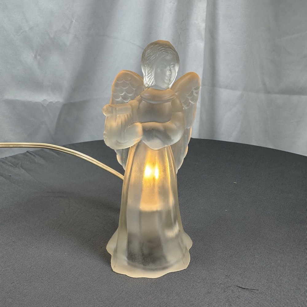 Clear Frosted Glass 6 inch Lighted Angel Playing Harp Figurine Nightlight